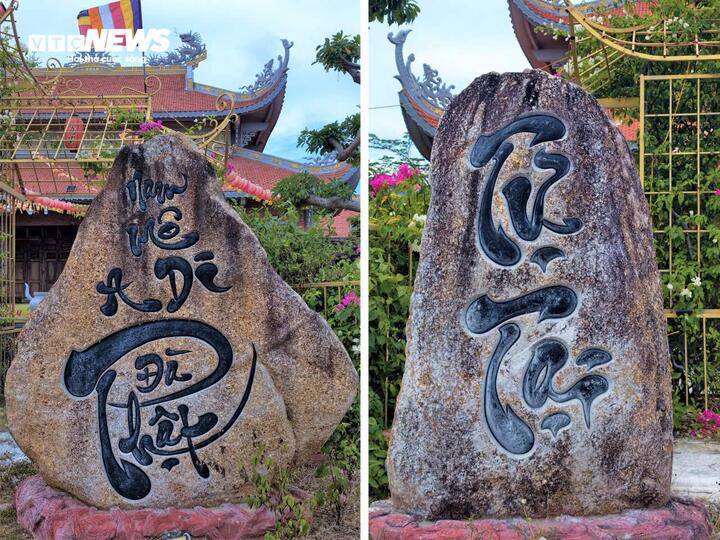 Bước vào chùa Linh Sơn, du khách sẽ thấy 2 bia đá được khắc dòng chữ "Nam Mô A Di Đà Phật" và "Tự Tại".