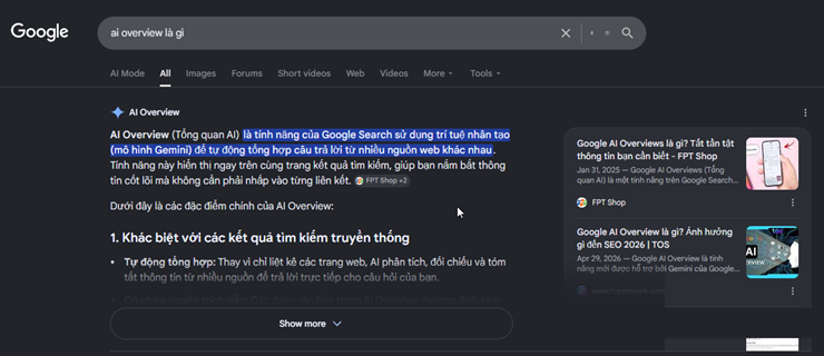 Tính năng AI Overview trên Google.