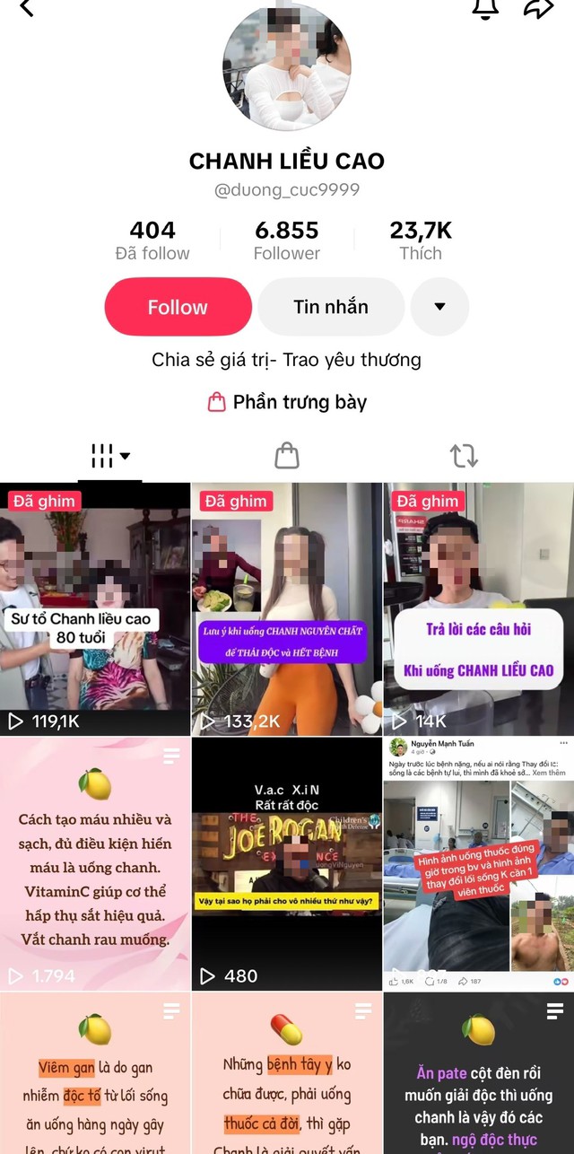 Một tài khoản có tên "CHANH LIỀU CAO" thu hút hàng nghìn người theo dõi, đăng tải nhiều nội dung gây tranh cãi (ảnh chụp màn hình).