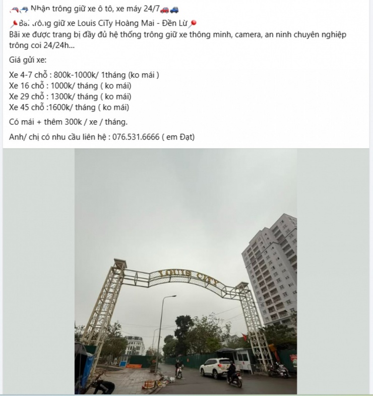 Bài đăng của tài khoản quảng cáo bãi trông giữ xe hoạt động 24/7 tại Khu đô thị Louis City (phường Hoàng Mai, Hà Nội) cùng bảng giá trông giữ phương tiện và hình ảnh cổng ra vào khu vực bãi xe.
