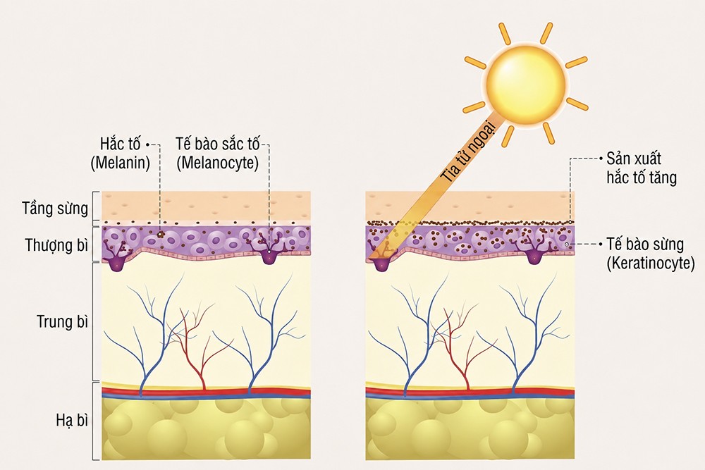 Cơ chế sản xuất hắc tố (melanin) dưới tác động của tia UV
