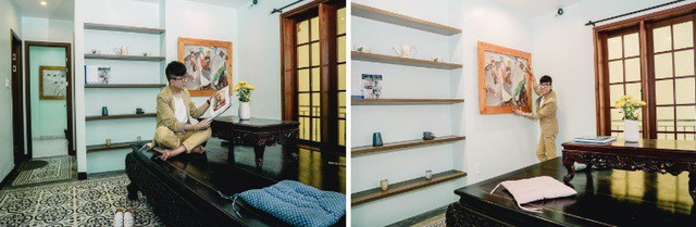Từ phòng bếp, phòng khách tới phòng ngủ, Long Nhật đều không trang trí nội thất cầu kì nhưng được lắp nhiều cửa kính để tận dụng ánh sáng tự nhiên nhiều nhất có thể. Tone màu chủ đạo của các căn phòng là xanh nhạt - trắng.