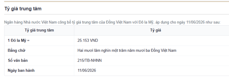 Tỷ giá trung tâm công bố ngày 11/6. Nguồn: sbv.