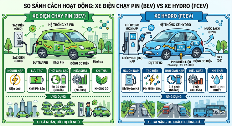 Đồ họa so sánh giữa xe điện pin và hydro.