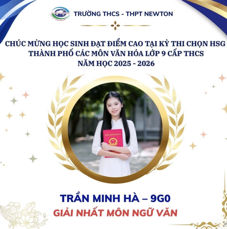Trần Minh Hà được vinh danh đạt giải Nhất học sinh giỏi Văn cấp Thành phố.&nbsp;