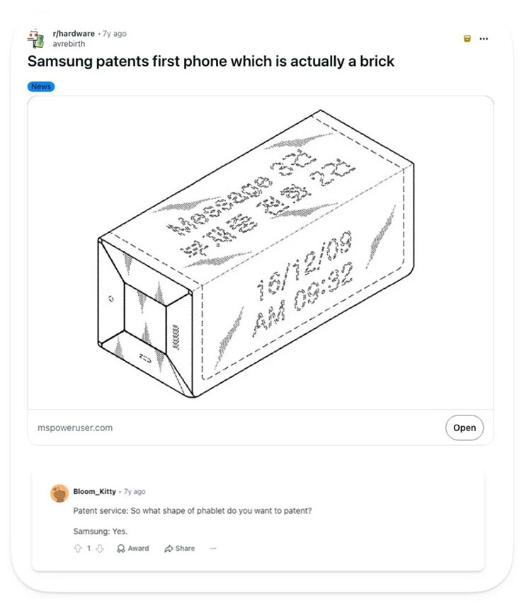 Một bài đăng trên r/hardware năm 2019 cho thấy trò đùa về "điện thoại cục gạch" đã có từ trước bằng sáng chế này.