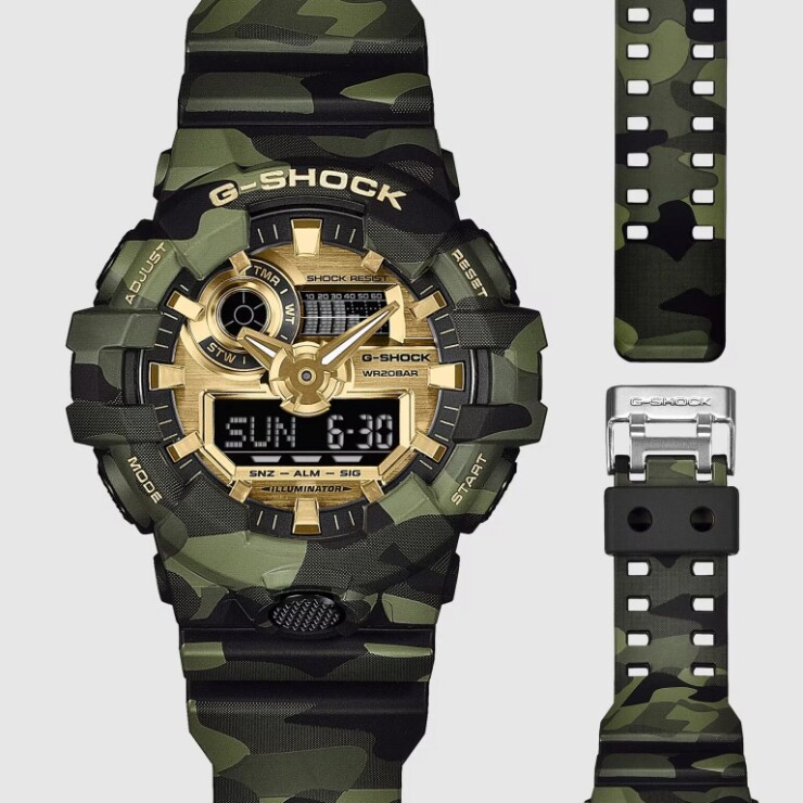 Mẫu GA-700CMG-3A, có giá 165 USD (4,34 triệu đồng), là một chiếc đồng hồ lai giữa analog và kỹ thuật số. Với đường kính 57,5mm, mẫu này có lớp mạ vàng trên mặt số và kim, cùng chức năng hiển thị giờ thế giới trên 31 múi giờ và tính năng dịch chuyển kim để tạm thời di chuyển kim analog ra khỏi màn hình kỹ thuật số.