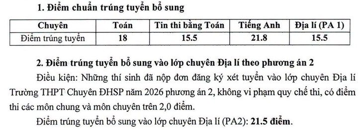 Điểm chuẩn lớp 10 các hệ chuyên của Trường THPT Chuyên ĐH Sư phạm năm 2026 ở đợt bổ sung.