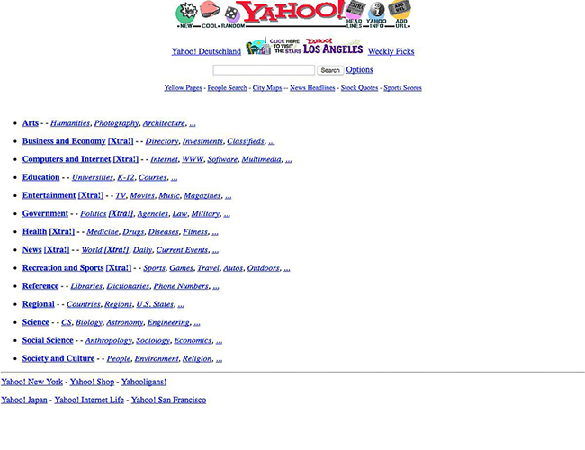 Trang Yahoo! năm 1996.

Vào tháng 1.1996, hai sinh viên&nbsp;Jerry Yang và&nbsp;David Filo ở Trường Đại học Standford đã tạo ra website này và đặt tên là&nbsp;“Jerry and David’s Guide to the World Wide Web” &#40;tạm dịch: Hướng dẫn đến với thế giới web của Jerrry và David&#41;. 3 tháng sau đó, trang web được đổi tên thành Yahoo!.