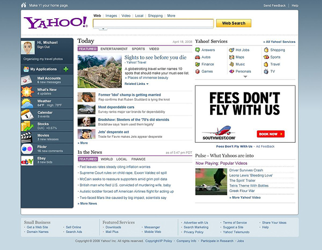 Trang Yahoo! năm&nbsp;2008.

Năm này, Microsoft đã đề nghị mua lại Yahoo! với giá 43 tỉ USD, nhưng Yahoo! từ chối.