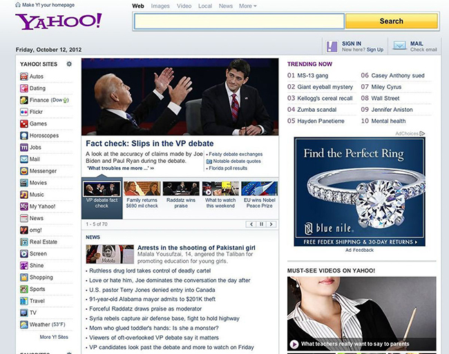 Trang Yahoo! năm&nbsp;2012.

Yahoo! chính thức đón nhận bà Mayer về làm CEO.