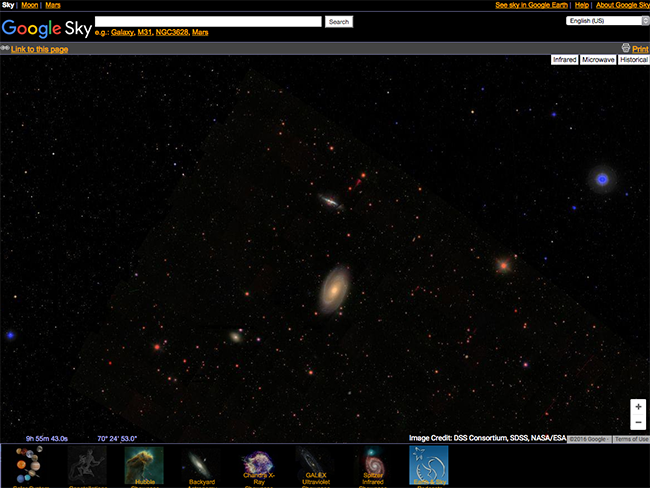 Google.com/sky cho phép bạn khám phá không gian thiên văn bao la bên ngoài Trái đất với các hình ảnh từ vệ tinh của&nbsp;NASA, Sloan Digital Sky Survey và&nbsp;Hubble Telescope.