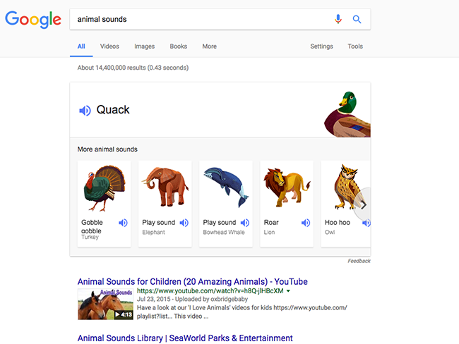 Google cũng tạo ra một thư viện âm thanh của các loài vật. Bạn có thể tìm kiếm bằng cách gõ &#34;animal sounds&#34; vào ô Google Search.