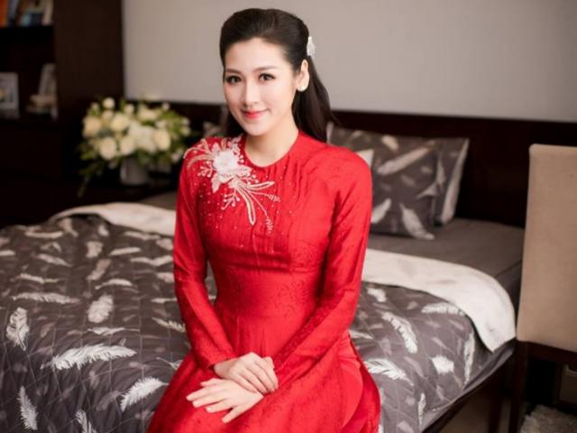 Áo dài cưới đỏ thắm tôn dáng đầy đặn của á hậu Tú Anh