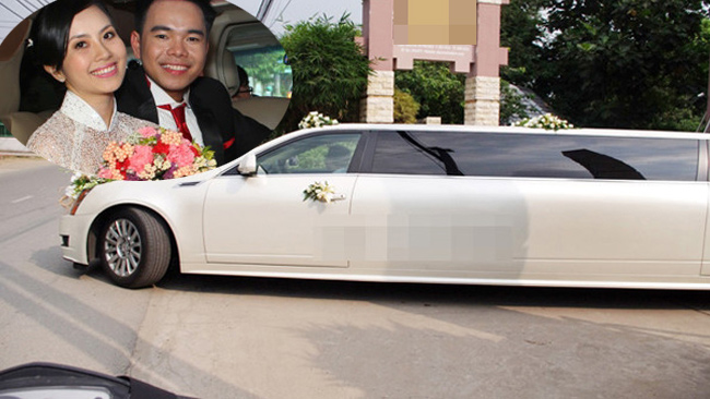 Miss Teen 2008 Huyền Trang đám cưới cùng nam ca sĩ Triệu Hoàng năm 2012. Chú rể đưa chiếc Cadillac CTS Limousine màu trắng sang trọng tới đón cô dâu.