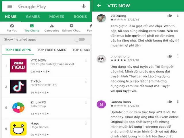 Ứng dụng VTC Now trực tiếp ASIAD 18 bất ngờ lên ngôi số 1 trên Google Play