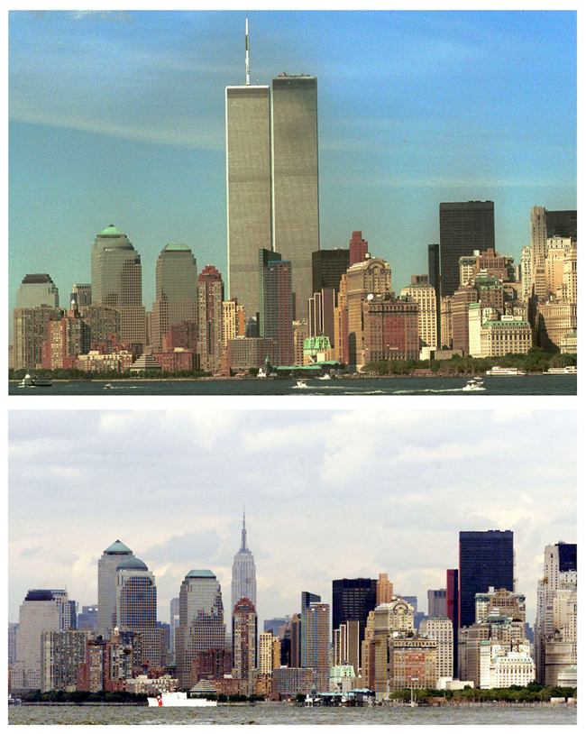 Bạn có thể thấy sự khác biệt rõ rệt giữa hai bức ảnh này, một được chụp vào ngày 30 tháng 8 năm 2001 và ảnh ngay phía sau, được chụp từ cùng vị trí sau 16 ngày kể từ ngày Mỹ bị tấn công. Nước Mỹ đã mất nhiều tháng để thu dọn phần nào đống đổ nát. Không còn biểu tượng hiên ngang của hai tòa tháp đôi mà người dân nơi đây luôn tự hào.