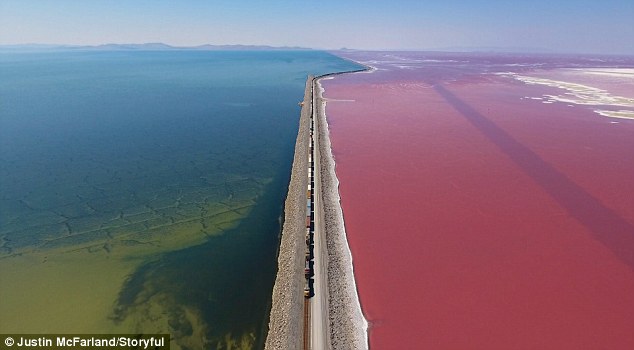 Toàn cảnh hồ nước chuyển sang màu hồng rực rỡ ở Mỹ - 1