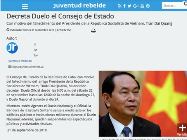 Cuba tuyên bố quốc tang tưởng niệm Chủ tịch nước Trần Đại Quang