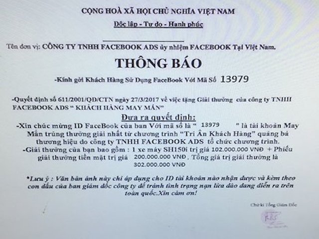 Bị lừa hơn 40 triệu đồng vì mắc bẫy thông báo trúng thưởng xe Sh qua Facebook