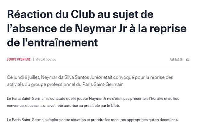 PSG lên án Neymar trong thông cáo mới đây