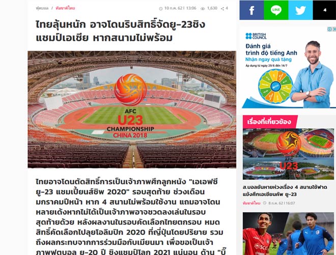 Nhật báo Siamsport cảnh báo AFC có thể tước quyền chủ nhà U23 châu Á 2020 của Thái Lan