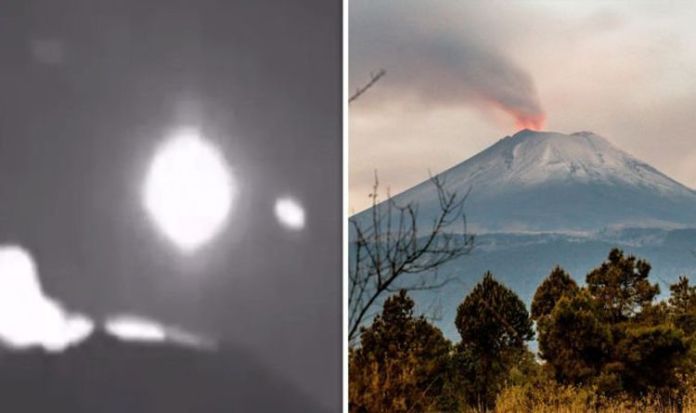 Hình ảnh được cho là 2 UFO (trái) xuất hiện phía trên ngọn núi lửa khổng lồ&nbsp;Popocatepetl, gần&nbsp;Mexico City