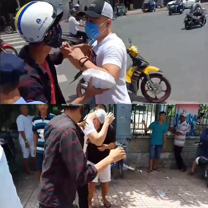 Hình ảnh cắt từ clip được cho là Lê Dương Bảo Lâm bị đánh khi phát cơm từ thiện