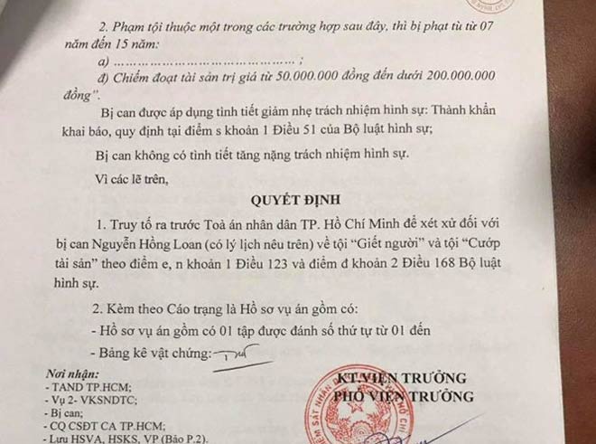 Viện kiểm sát truy cứu bị can Loan tội danh giết người có khung phạt tới tử hình và 15 năm tù cho tội cướp. Ảnh: Tân Châu