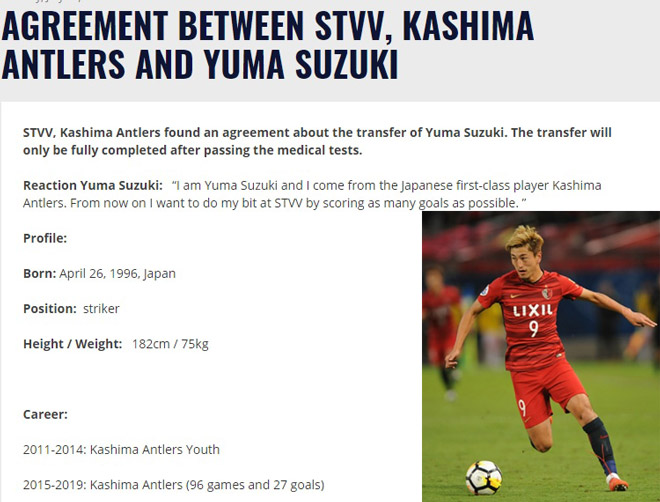 CLB Sint - Truidense xác nhận việc chiêu mộ tiền đạo Yuma Suzuki từ Kashima Antlers