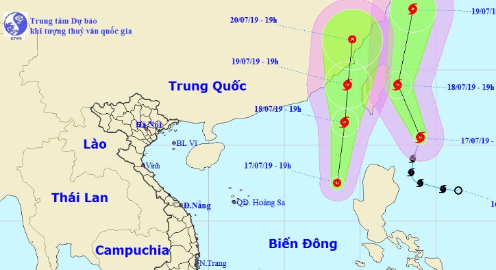 Vị trí, hướng đi của cơn bão Danas và áp thấp nhiệt đới trên Biển Đông. Ảnh: Trung tâm Dự báo KTTVQG.
