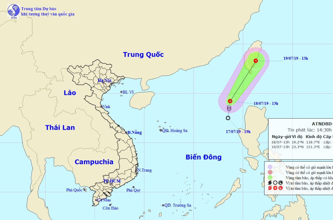 Vị trí và hướng di chuyển tiếp theo của áp thấp nhiệt đới. Ảnh: Trung tâm Dự báo KTTVQG.