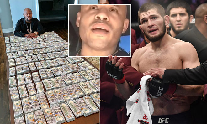 HLV của Khabib, ông Ali Abdelaziz (giữa) nói Mayweather hết tiền nên "cầu xin" đấu học trò của mình