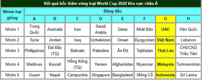 Việt Nam ở bảng G, chung bảng với UAE, Thái Lan, Malaysia và Indonesia