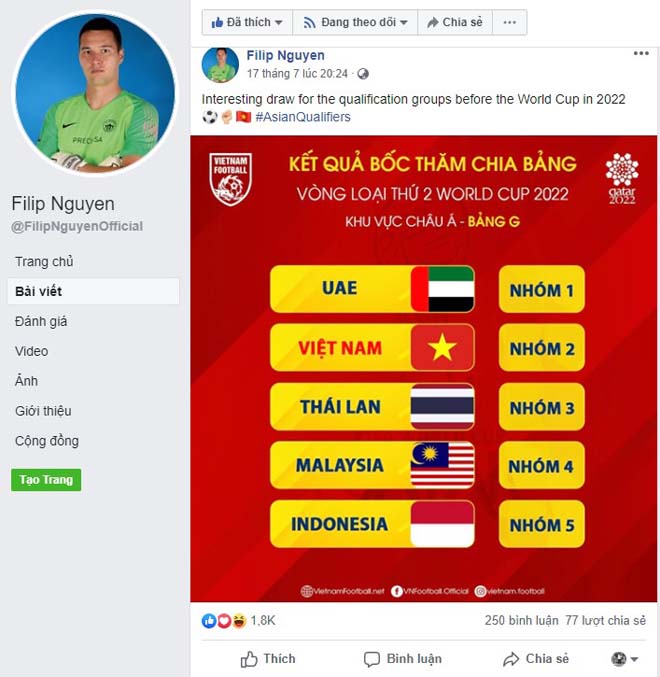 Thông điệp trên trang Facebook cá nhân của Filip Nguyễn