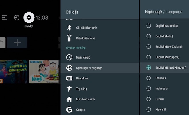 Các bước cài đặt ngôn ngữ cho TV.