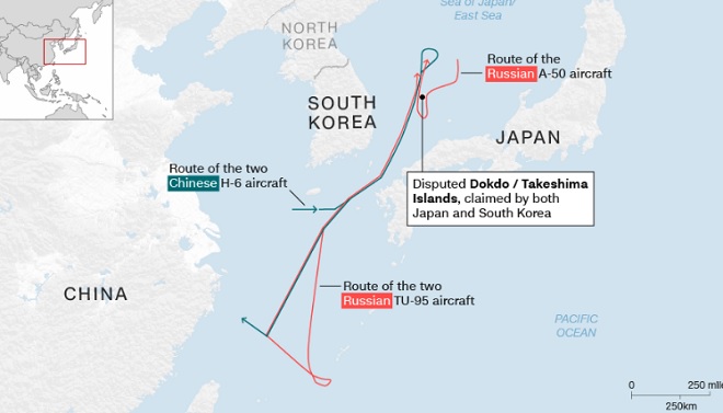 Đường bay của máy bay Nga và Trung Quốc trong cuộc tuần tra chung.