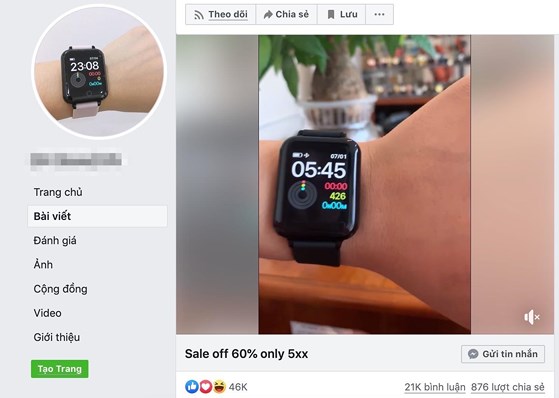 Một fanpage bán Apple Watch giả mạo với giá chỉ vài trăm ngàn cùng hàng ngàn bình luận “mồi” để dụ người dùng. Ảnh: TIỂU MINH