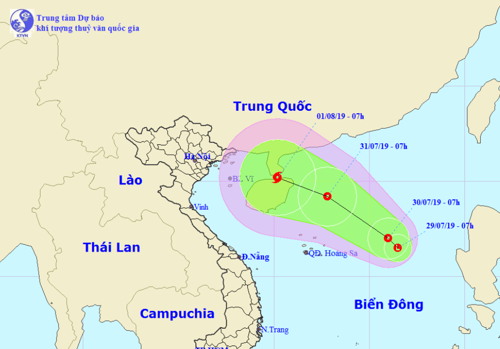 Vị trí và hướng di chuyển tiếp theo của vùng áp thấp. Ảnh Trung tâm Dự báo KTTVQG.