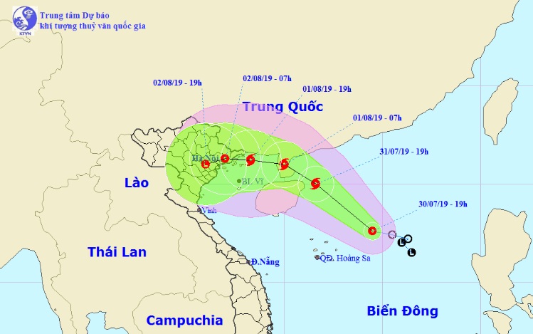 Vị trí và hướng di chuyển tiếp theo của áp thấp nhiệt đới trên Biển Đông. Ảnh: Trung tâm Dự báo KTTVQG.