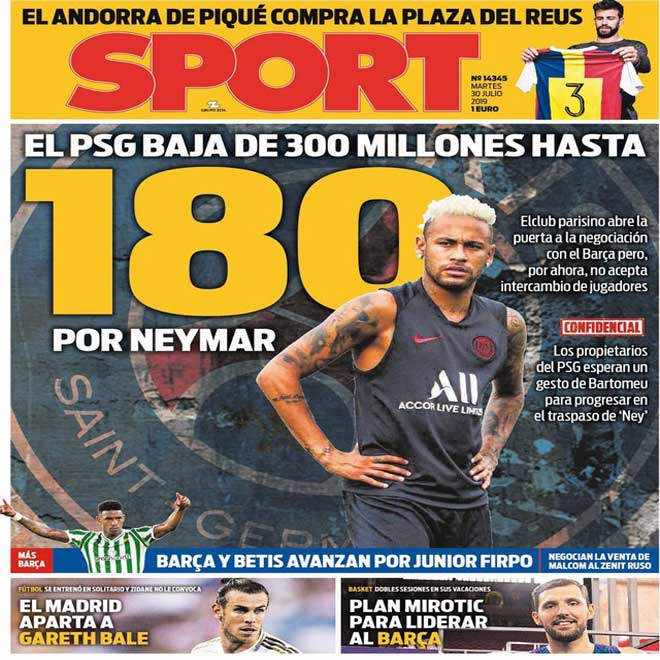 Tờ Sport của Tây Ban Nha tin rằng PSG sẵn sàng bán Neymar với giá 180 triệu euro