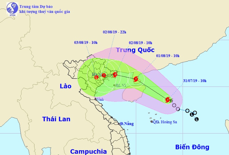 Vị trí và hướng di chuyển của bão số 3 trên Biển Đông. Ảnh Trung tâm Dự báo KTTVQG.