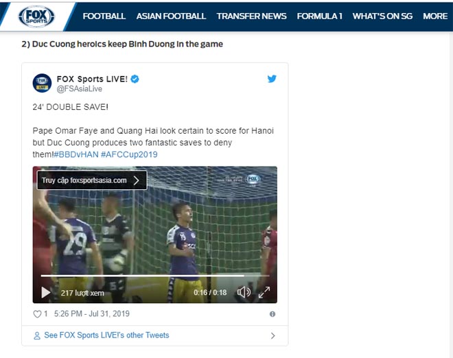 Fox Sport Asia hết lời ca ngợi thủ thành Đức Cường