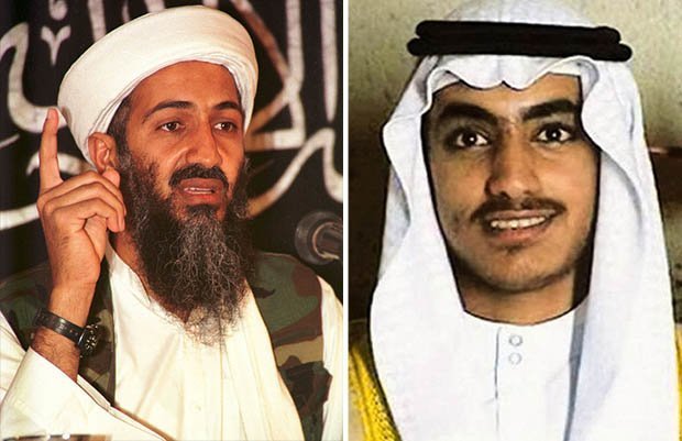 Osama bin Laden (trái) và con trai Hamza.