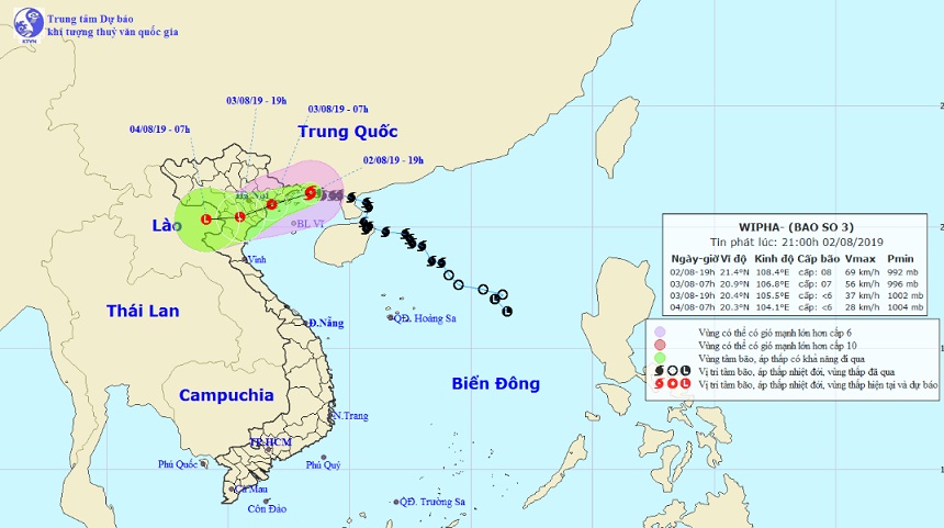 Vị trí và hướng di chuyển tiếp theo của bão số 3. Ảnh: Trung tâm Dự báo KTTVQG.
