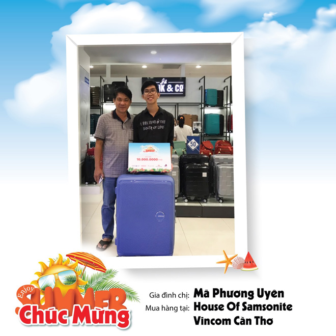 Gia đình chị Mã Phương Uyên may mắn trúng giải voucher du lịch 10,000,000đ khi mua sắm tại House of Samsonite Vincom Cần Thơ ngày 28/07/2019