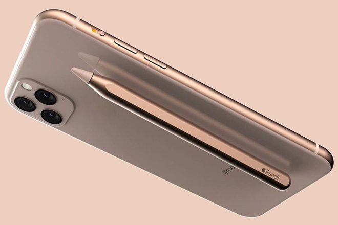 Apple Pencil được đặt vào mặt phía sau của bản thiết kế iPhone 11.