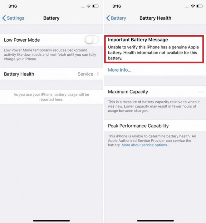 Nếu người dùng không sử dụng pin Apple chính hãng, người dùng sẽ không thể sử dụng Battery Health Indicator.