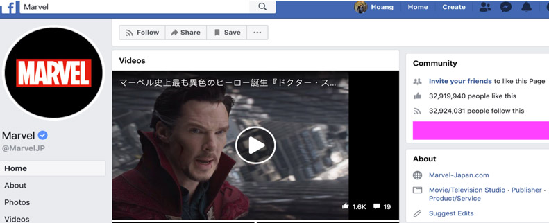 Tài khoản Facebook chính thức của Marvel tại Nhật Bản, cập nhật ngày 3/8/2019