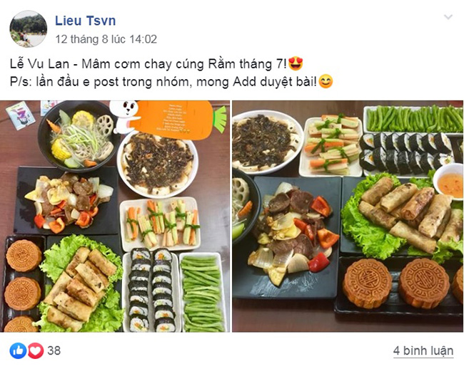 Năm nay nhà chị Liễu cúng rằm có cả bánh trung thu, điều khác biệt nhất so với những mâm cơm của mọi người. Nhìn mâm cơm nhà chị Liễu có một chút gì đó phảng phất món ăn của Hàn Quốc như kimbab chay, còn lại các món như ram, rau củ xào chay, canh thập cẩm cũng rất quen thuộc với mọi nhà.